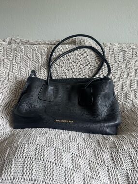 Burberry Black Pebbled Leather Shoulder Bag with Gold Logo